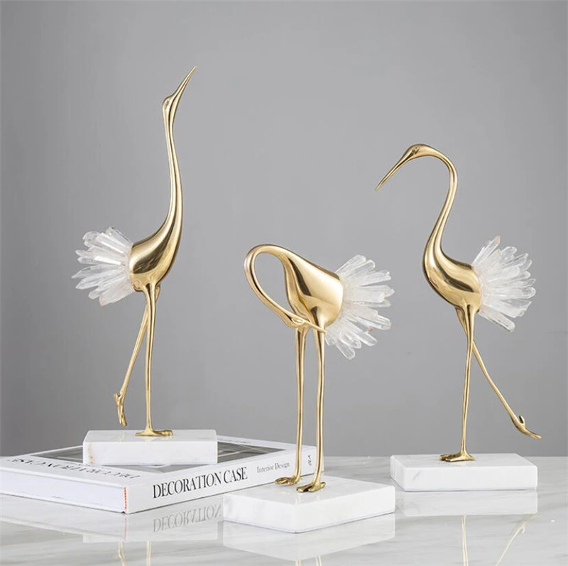 Natural Crystal Crane Decoration Living Room Cabinet Home Decoration Modern Light Luxury Brass Crane Home Decor Accessories